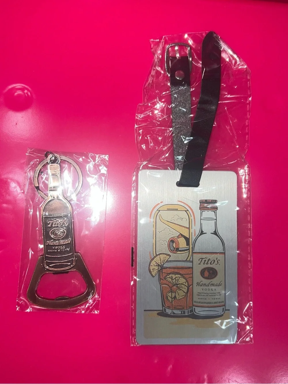 Handmade Vodka Silver Luggage Tag & Bottle Opener Keychain Set